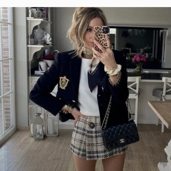 Nwot Zara Tweed Black Blazer Textured Patch Pocket  Emblem Gold ButtonsCropped L - Picture 15 of 15